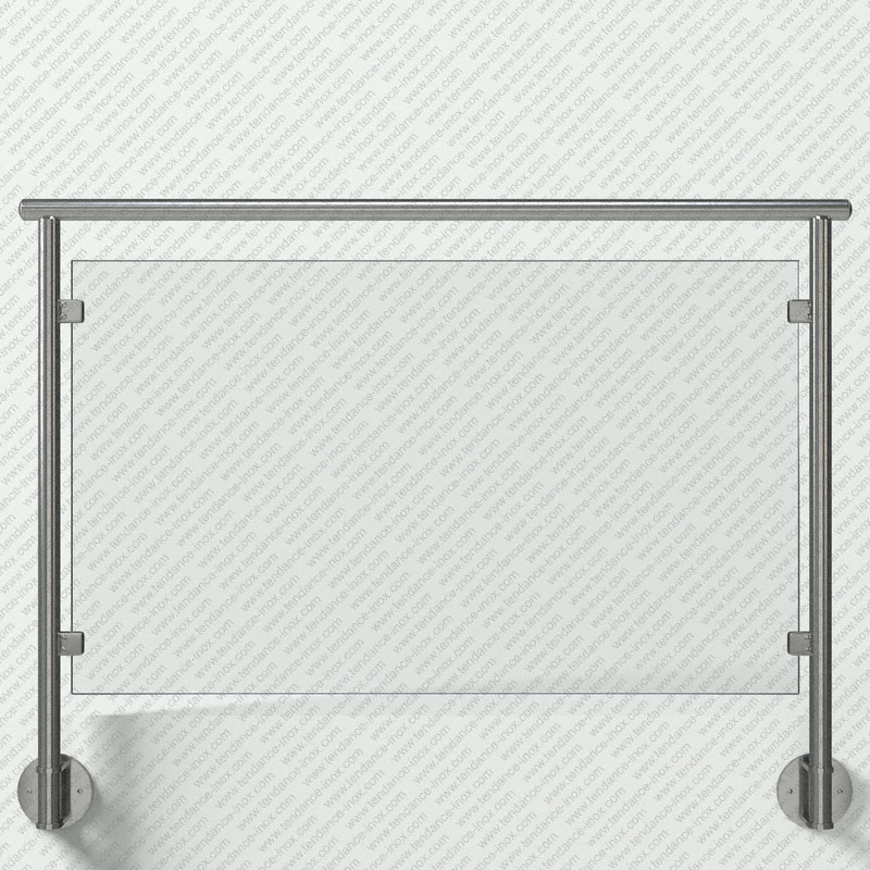 Modèle de garde-corps inox remplissage verre plein, gamme ronde 42,4x2 mm, pose en applique (fixation à l'anglaise) main courante (lisse) inox ronde sur supports Courts, platine de forme Ronde (Ø150 mm), pinces à verre carrées