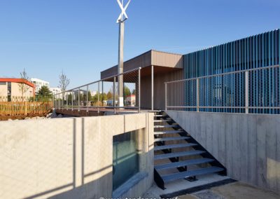 Garde-corps en maille inox 60x104 mm accompagnant un escalier métallique, intégration design et architecturale.